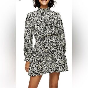Topshop Black & Cream Floral High Neck Long Sleeve Mini Dress Size 6